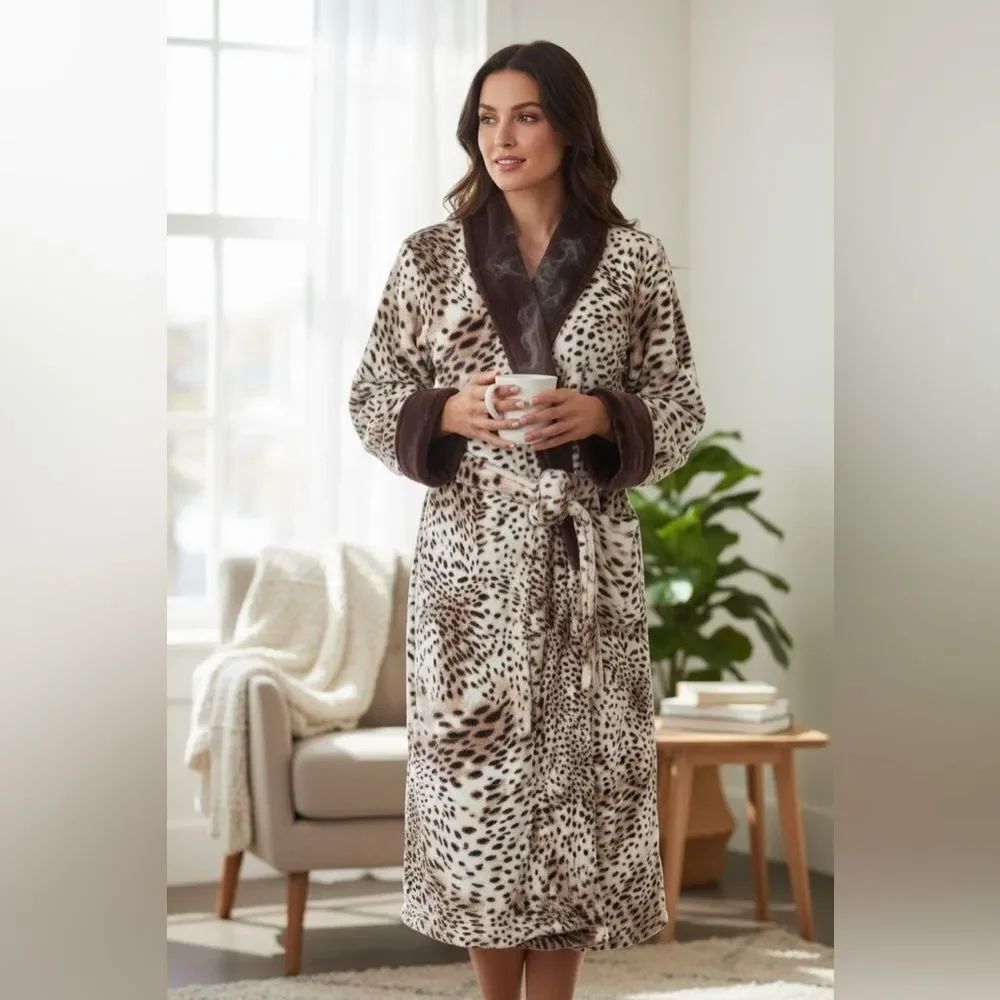 Natori Cream Brown Animal Print Snow Leopard Plush Long Wrap Robe Size L